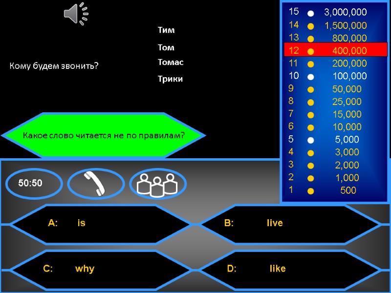 Какое слово читается не по правилам? Кому будем звонить? Тим Том Томас Трики
